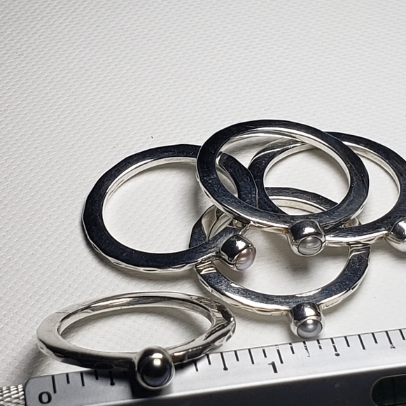 Five Colored Pearl Stacking Silver Rings Set 925 - Picture 6 of 6